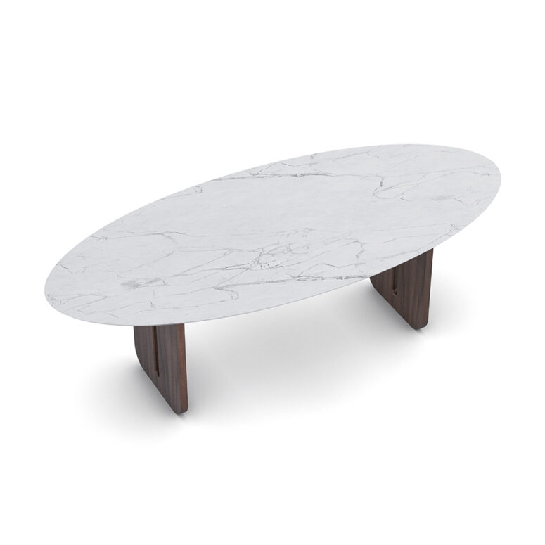 Juliette dining table showcasing an Estremoz marble top with elegant veining patterns, resting on two walnut legs. Each leg features a distinctive tear-shaped cutout in the center, adding a modern touch to its classic design.