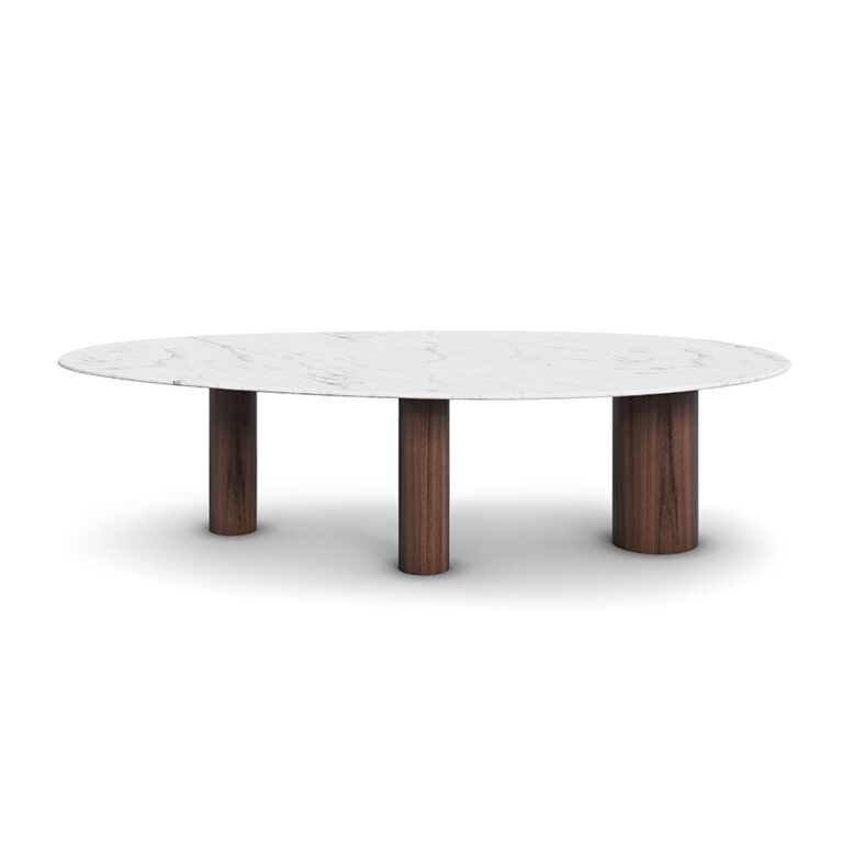 Elodie dining table by Nolita Harbour, showcasing a modern design with three legs in rich walnut wood and a sleek Estremoz marble top