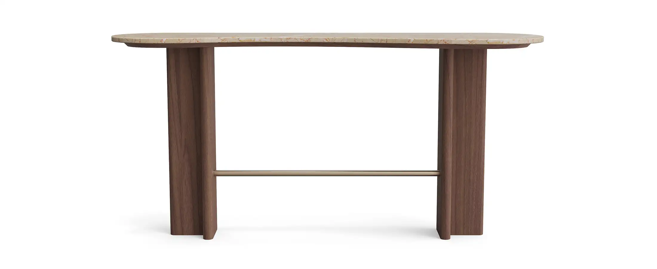 Modern console table with rounded marble top, dual wooden legs, and metal crossbar on white background.