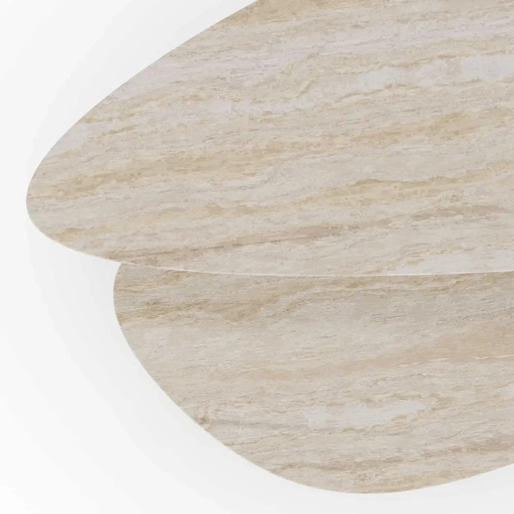 Agnes Coffee Table by Nolita Harbour, travertine coffee table with honed stone top and a compact base.