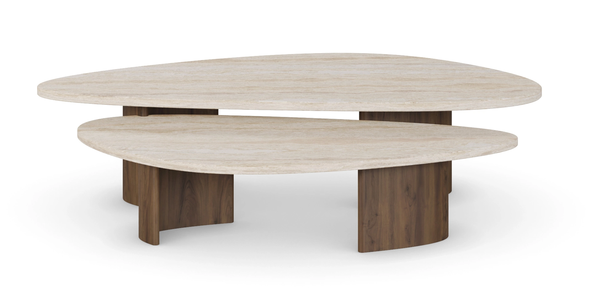 Front view of Agnes Coffee Table highlighting dual-surface design with travertine and walnut