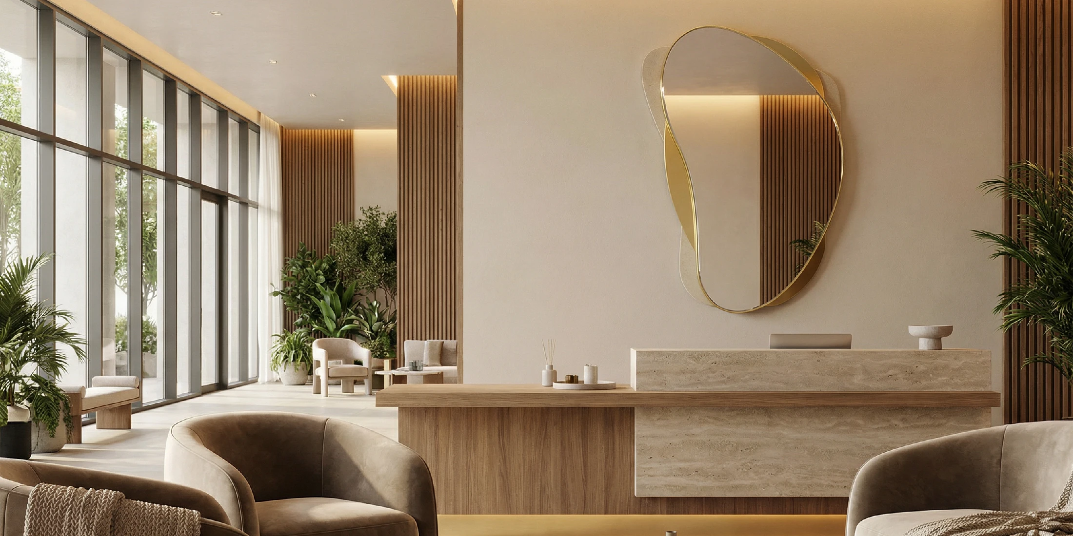 Nolita Harbour Anti Mirror, luxury wall mirror in hand-worked plaster and brass, asymmetrical sculptural form reflecting a refined interior with vertical wood slats, natural light, and minimalist hotel lounge area.