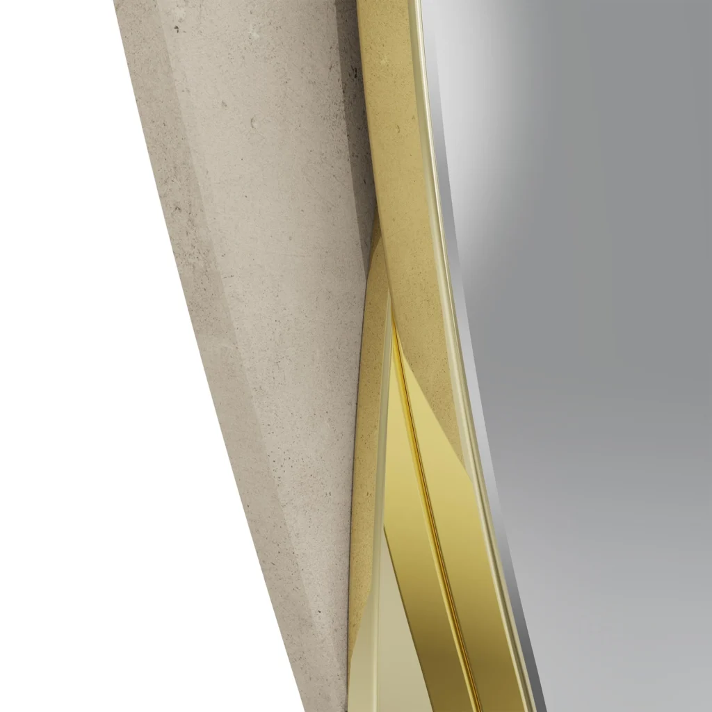Details of Anti Mirror by Nolita Harbour, luxury wall mirror, crafted in textured plaster with brass contour accents, asymmetrical sculptural frame surrounding clear mirror glass, refined architectural design for contemporary spaces.