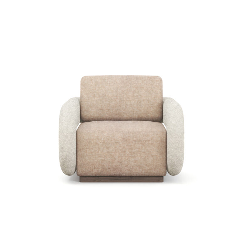 A sophisticated Noor Armchair with organic lines, upholstered in boucle and velvet, featuring a matte walnut base. The chair combines modern design with luxurious comfort.