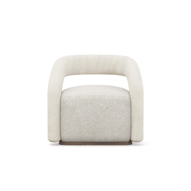 A stylish Emma Armchair with tubular armrests and backrest, featuring a fluffy seat, all upholstered in boucle. The chair combines modern design with cozy comfort.