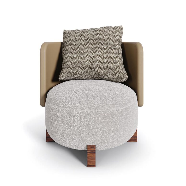 Margot armchair featuring a walnut cross base, upholstered in luxurious bouclé fabric with a leather backrest. The cushion showcases a stylish pattern, blending modern aesthetics with exceptional comfort.