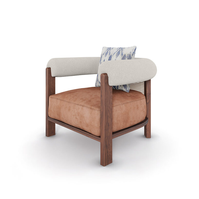 Nolita Harbour Olivia Armchair with a plush seat, rattan back, and matte walnut frame with waved legs.