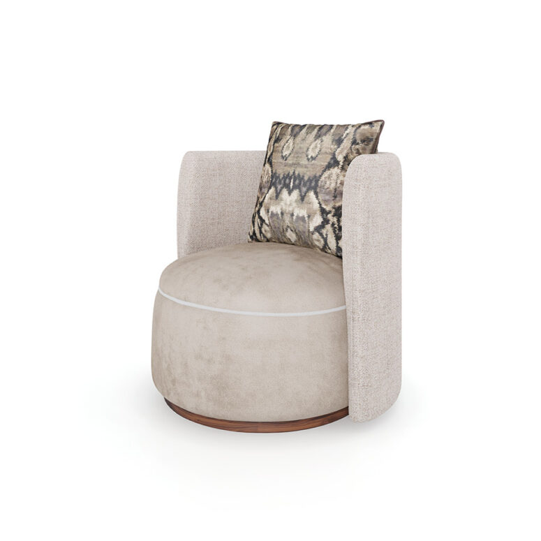 A chic Lucie Armchair with a linen back, a velvet seat featuring white piping, and a modern design. The chair exudes glamour and elegance.