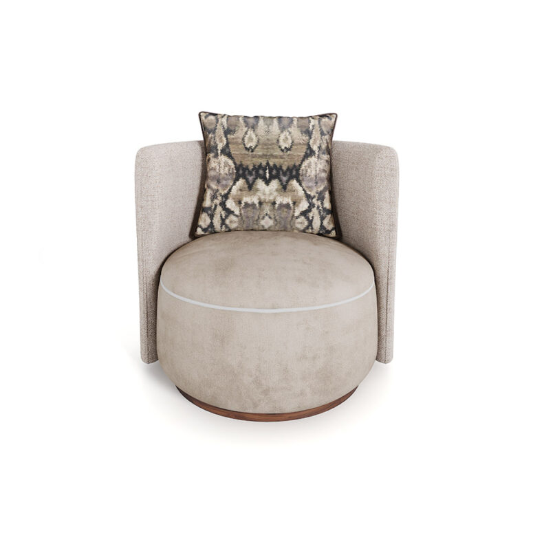 A chic Lucie Armchair with a linen back, a velvet seat featuring white piping, and a modern design. The chair exudes glamour and elegance.