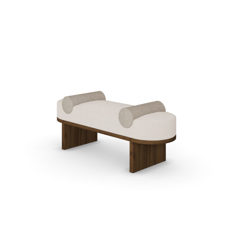 Grace Bench with upholstered seat, cylindrical bolsters, and walnut base - 45-degree view