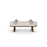 Front view of Grace Bench showcasing its sleek design and walnut base