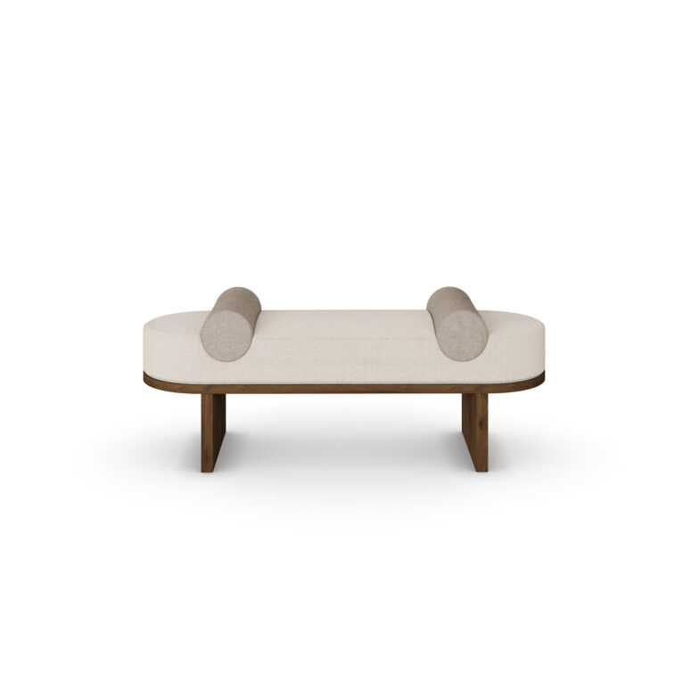 Front view of Grace Bench showcasing its sleek design and walnut base