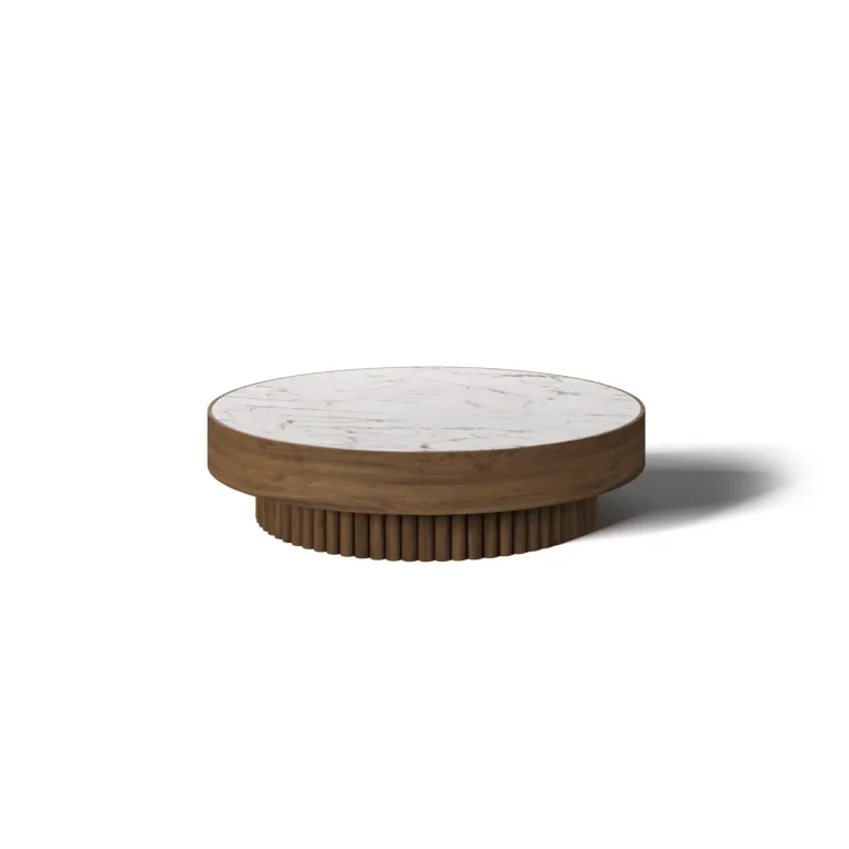 Bettina Coffee Table by Nolita Harbour, a round coffee table in marble with a ribbed wood base.
