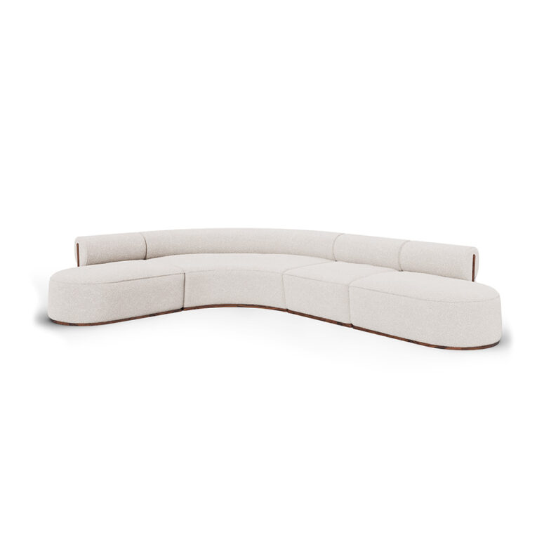 Modern Camille Sectional Sofa by Nolita Harbour, featuring organic curves, walnut accents, and boucle fabric upholstery, ideal for contemporary living spaces.