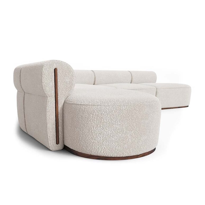 Modern Camille Sectional Sofa by Nolita Harbour, featuring organic curves, walnut accents, and boucle fabric upholstery, ideal for contemporary living spaces.