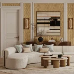 Camille Sectional Sofa by Nolita Harbour, bouclé upholstered curved sofa with walnut base in a warm, contemporary living room.