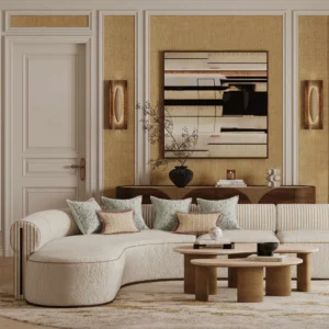 Camille Sectional Sofa by Nolita Harbour, bouclé upholstered curved sofa with walnut base in a warm, contemporary living room.