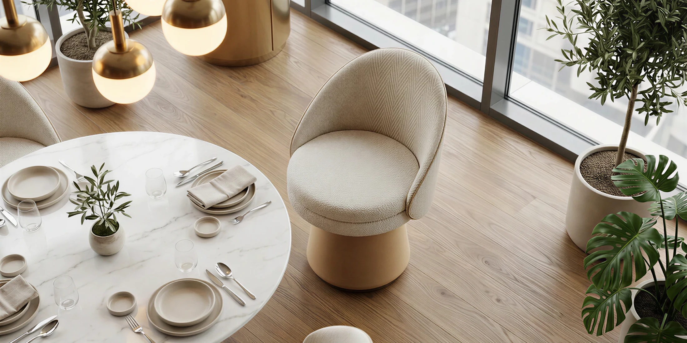 Caroline dining chair by Nolita Harbour, bouclé upholstered chair with cone base and walnut plinth, sculptural seating in a contemporary dining space.