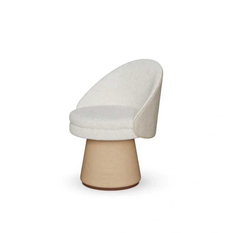 Caroline dining chair by Nolita Harbour, bouclé upholstered chair with walnut plinth and sculptural base.