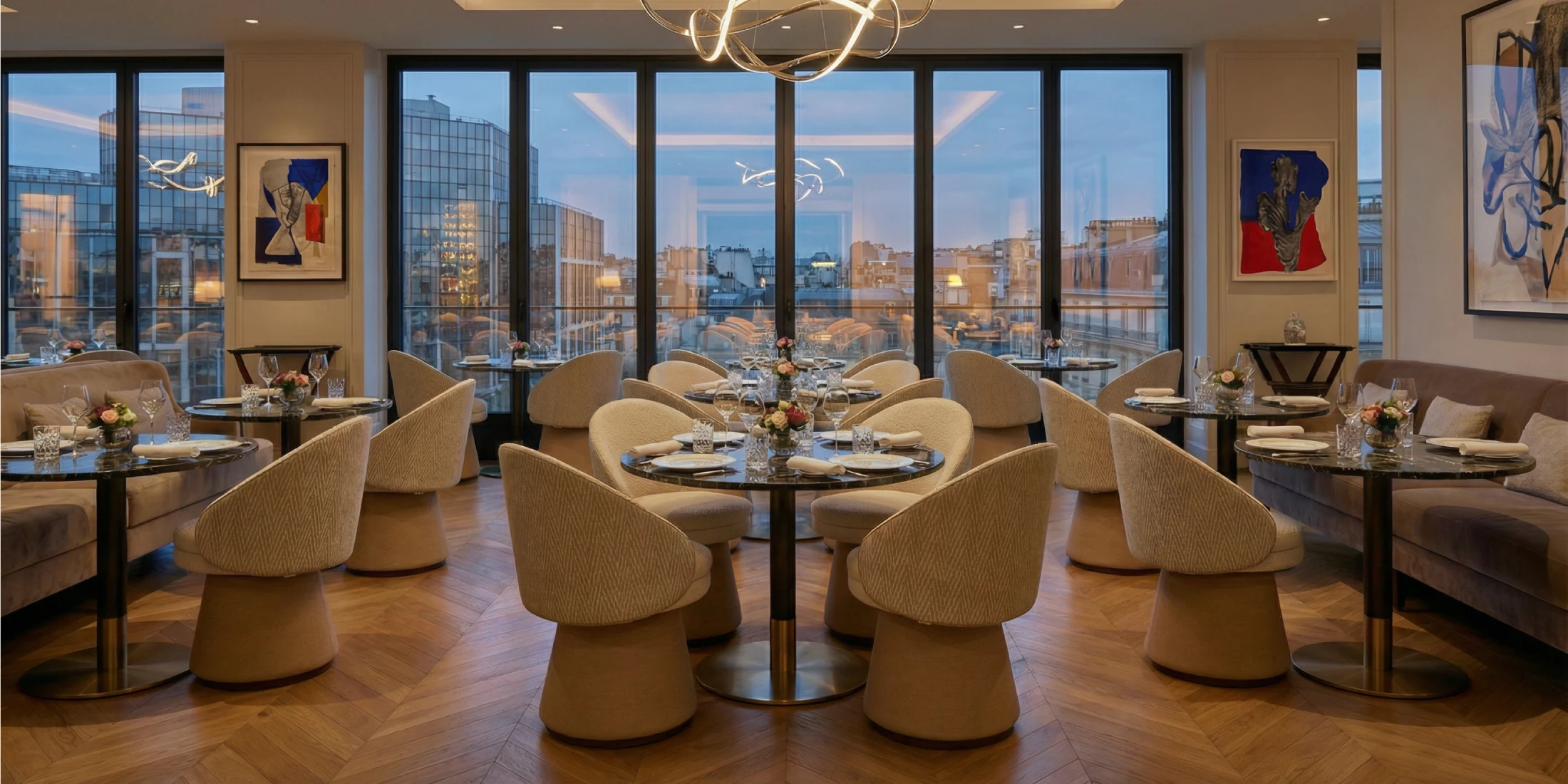 Caroline dining chair by Nolita Harbour, bouclé upholstered chair with cone base and walnut plinth, sculptural seating in a contemporary dining space.