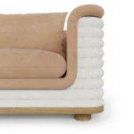 Celine contemporary armchair by Nolita Harbour, velvet and bouclé chair with sculptural curves and refined timber plinth.