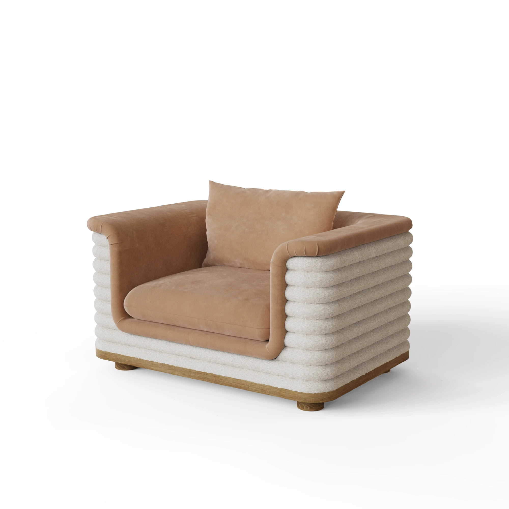 celine-armchair-front-side-1-nolita-harbour Celine armchair by Nolita Harbour, velvet and bouclé armchair with fluted shell and sculptural rounded silhouette.