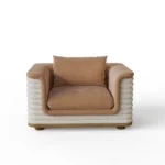 Celine luxury armchair by Nolita Harbour, velvet lounge chair with rounded arms, bouclé shell, and architectural silhouette.