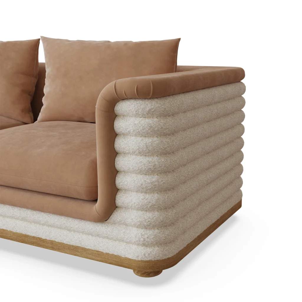 Celine velvet sofa detail by Nolita Harbour, luxury curved sofa with bouclé exterior and tailored velvet seat, elegant design.