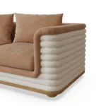 Celine velvet sofa detail by Nolita Harbour, luxury curved sofa with bouclé exterior and tailored velvet seat, elegant design.