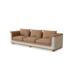 Celine sofa by Nolita Harbour, velvet upholstered curved sofa with fluted bouclé shell and sculptural, refined silhouette.