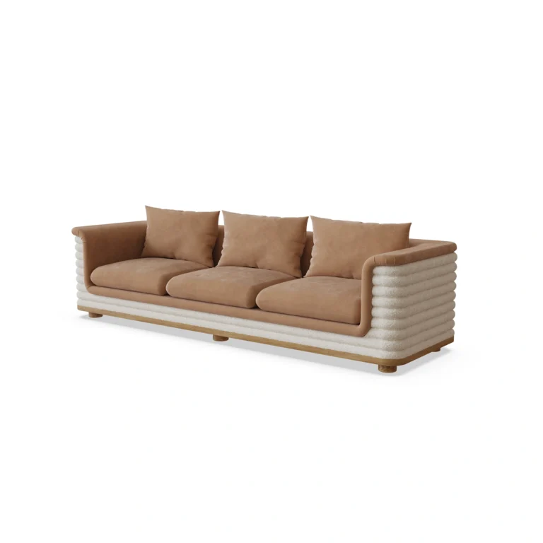 Celine sofa by Nolita Harbour, velvet upholstered curved sofa with fluted bouclé shell and sculptural, refined silhouette.