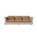 Celine contemporary sofa by Nolita Harbour, velvet interior with bouclé exterior, sculptural curved form and low plinth.