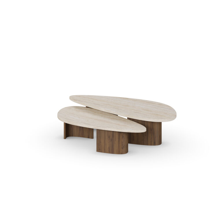 Amelie Coffee Table with travertine tops and walnut bases - 45-degree view