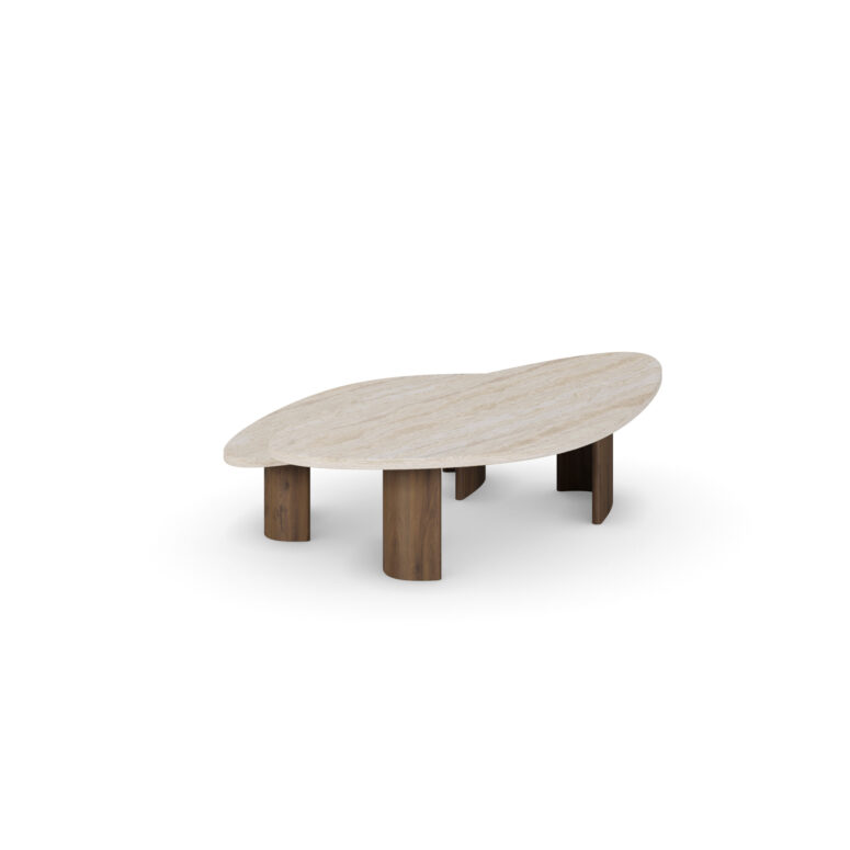 Agnes Coffee Table with travertine tops and walnut bases - 45-degree view