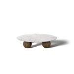 Nolita Harbour Jhoan Coffee Table with a sleek round marble top and unique wooden spherical legs.