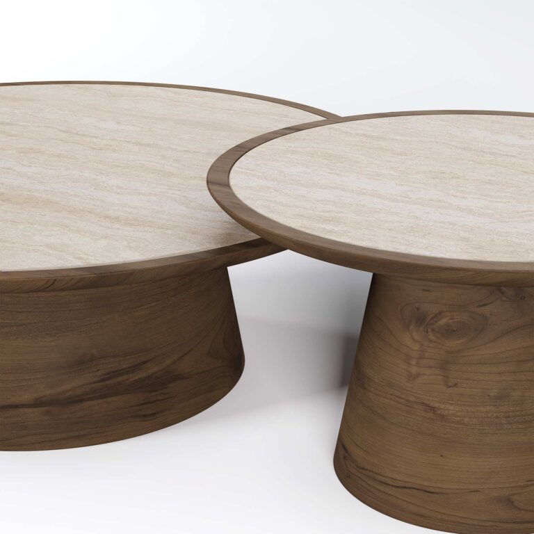 A modular round Liz Coffee Table featuring a matte walnut base and a travertine top. The table combines natural elegance with modern design.