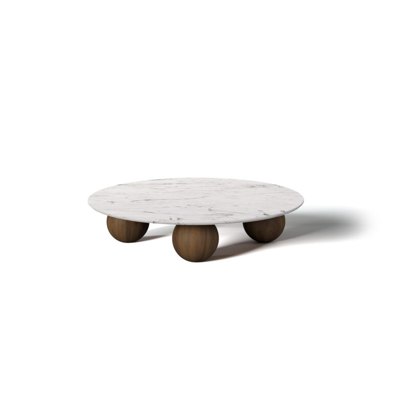 Nolita Harbour Jhoan Coffee Table with a sleek round marble top and unique wooden spherical legs.