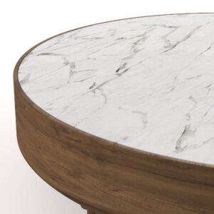 Nolita Harbour Bettina Coffee Table with a luxurious round marble top and distinctive ribbed wooden base.