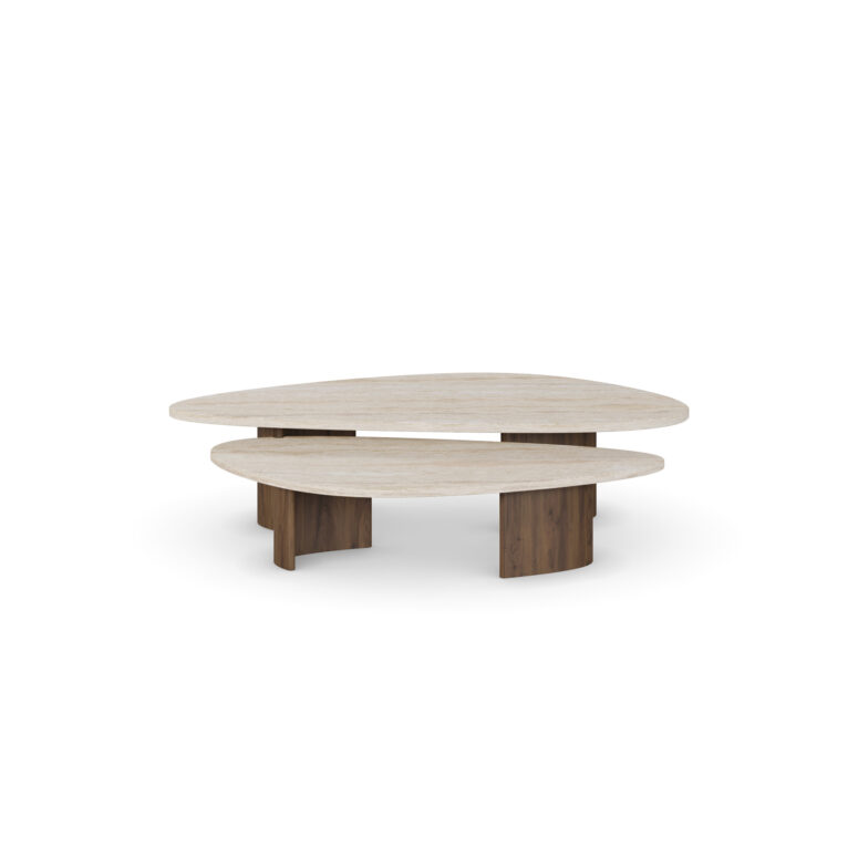 Front view of Agnes Coffee Table highlighting dual-surface design with travertine and walnut