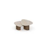 Side view of Agnes Coffee Table showing the elegant blend of travertine tops and walnut bases