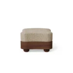 Colleen Stool by Nolita Harbour, designer vanity stool in bouclé and matte walnut wood, defined by a tailored circular seat and compact sculptural form, with clean seams and grounded base that bring understated sophistication to dressing tables and refined lounge spaces.