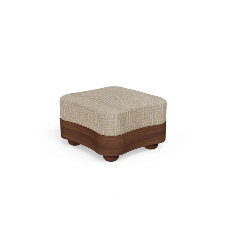 Colleen Stool by Nolita Harbour, luxury vanity stool in bouclé upholstery with matte walnut wood base, featuring a plush circular seat and softly rounded silhouette, designed as a refined accent piece that tucks seamlessly into elegant dressing areas and contemporary interiors.