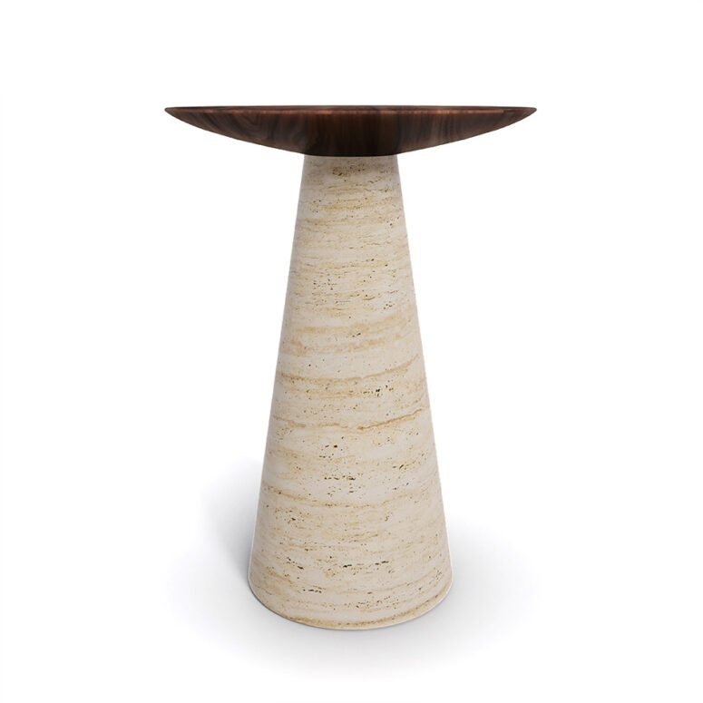 A minimalist side table named Lotte, featuring a conical travertine base and a matte walnut top. The base is elegantly tapered and supports a smooth, circular walnut surface, creating a blend of natural textures and modern design elements.