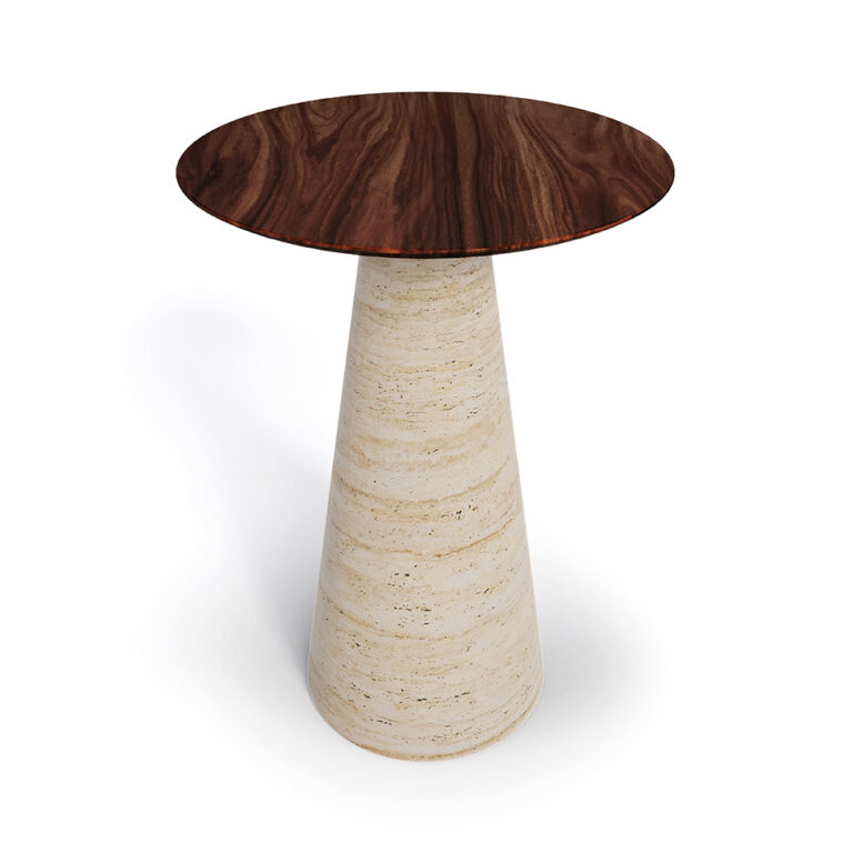 A minimalist side table named Lotte, featuring a conical travertine base and a matte walnut top. The base is elegantly tapered and supports a smooth, circular walnut surface, creating a blend of natural textures and modern design elements.