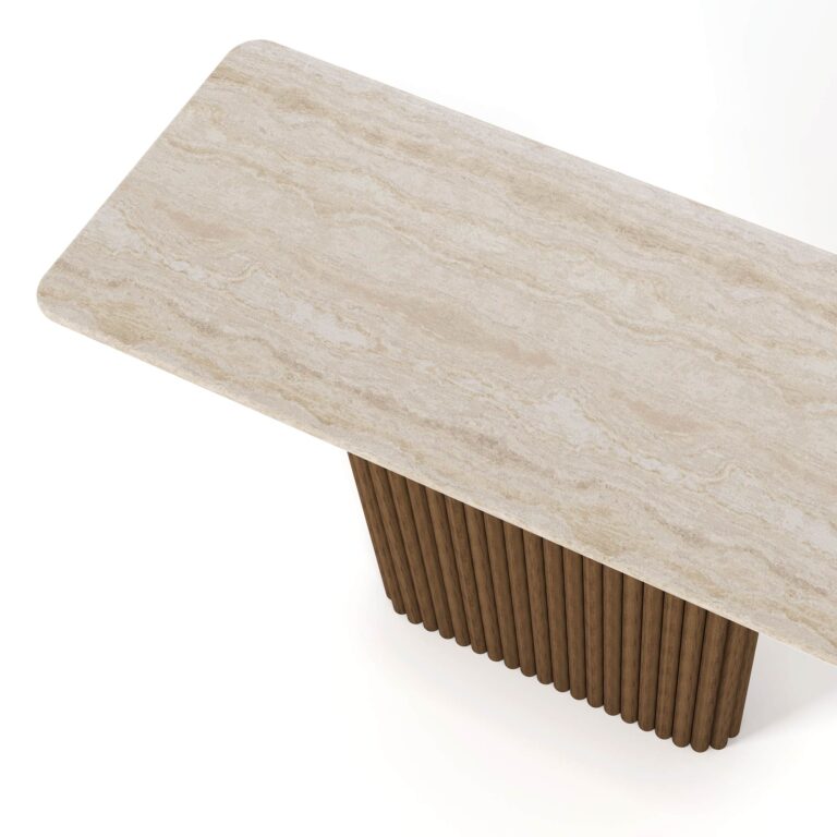 A sleek Livia Console with a travertine top and two matte walnut legs, one of which is ribbed. The console combines natural elegance with modern design.