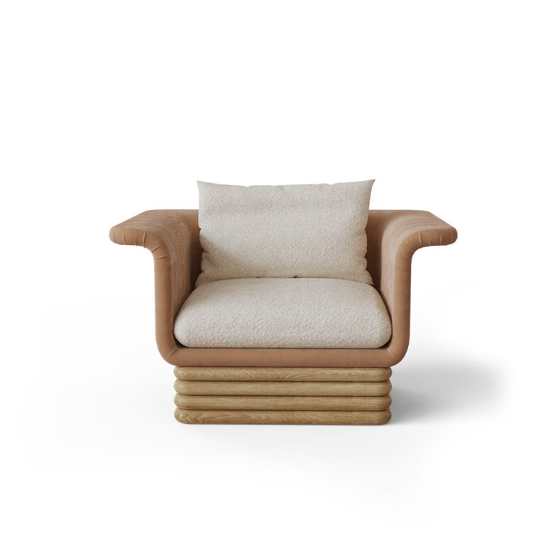 Isabella Armchair by Nolita Harbour, featuring oak layered base and upholstery in boucle and premium velvet, showcasing organic shape and luxury