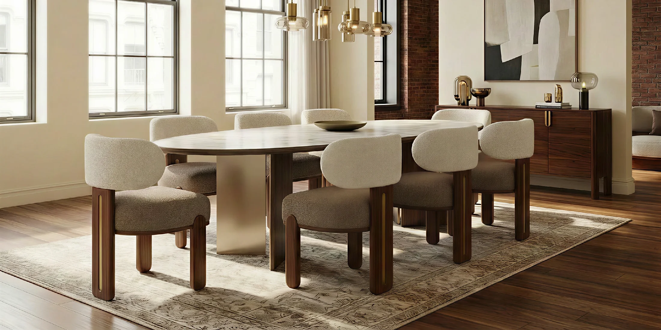Diane dining chair by Nolita Harbour, bouclé upholstered chair with walnut base and crescent back, sculptural seating around a luxury dining table.