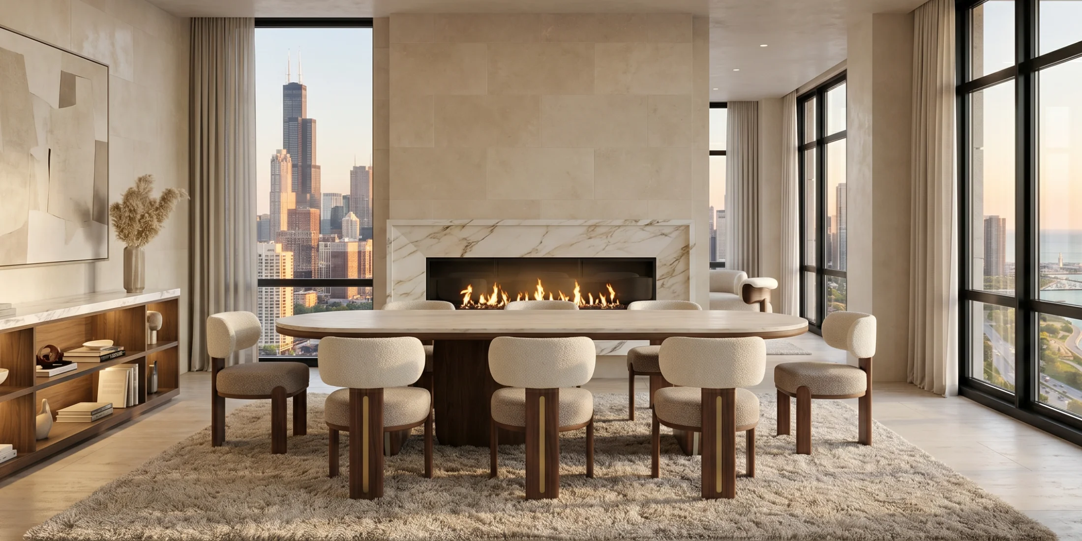 Diane dining chair by Nolita Harbour, bouclé upholstered chair with walnut base and crescent back, sculptural seating around a luxury dining table.