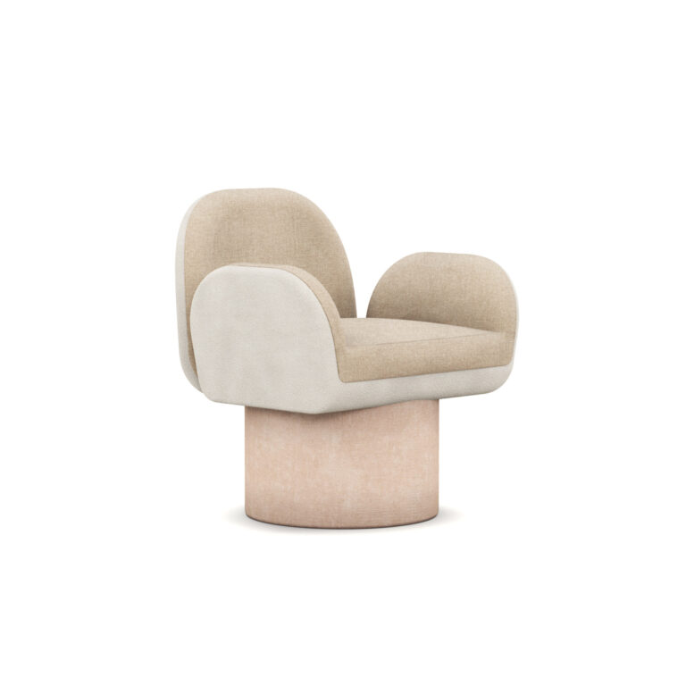 A modern Sabine Dining Chair with a tubular base and comfortable armrests, upholstered in a combination of velvet and boucle fabrics. The chair features a stylish and inviting design.