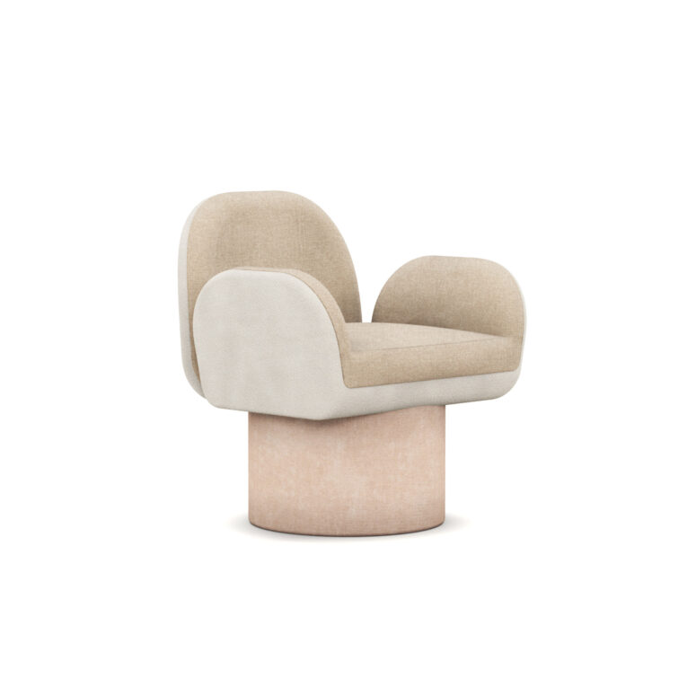 A modern Sabine Dining Chair with a tubular base and comfortable armrests, upholstered in a combination of velvet and boucle fabrics. The chair features a stylish and inviting design.